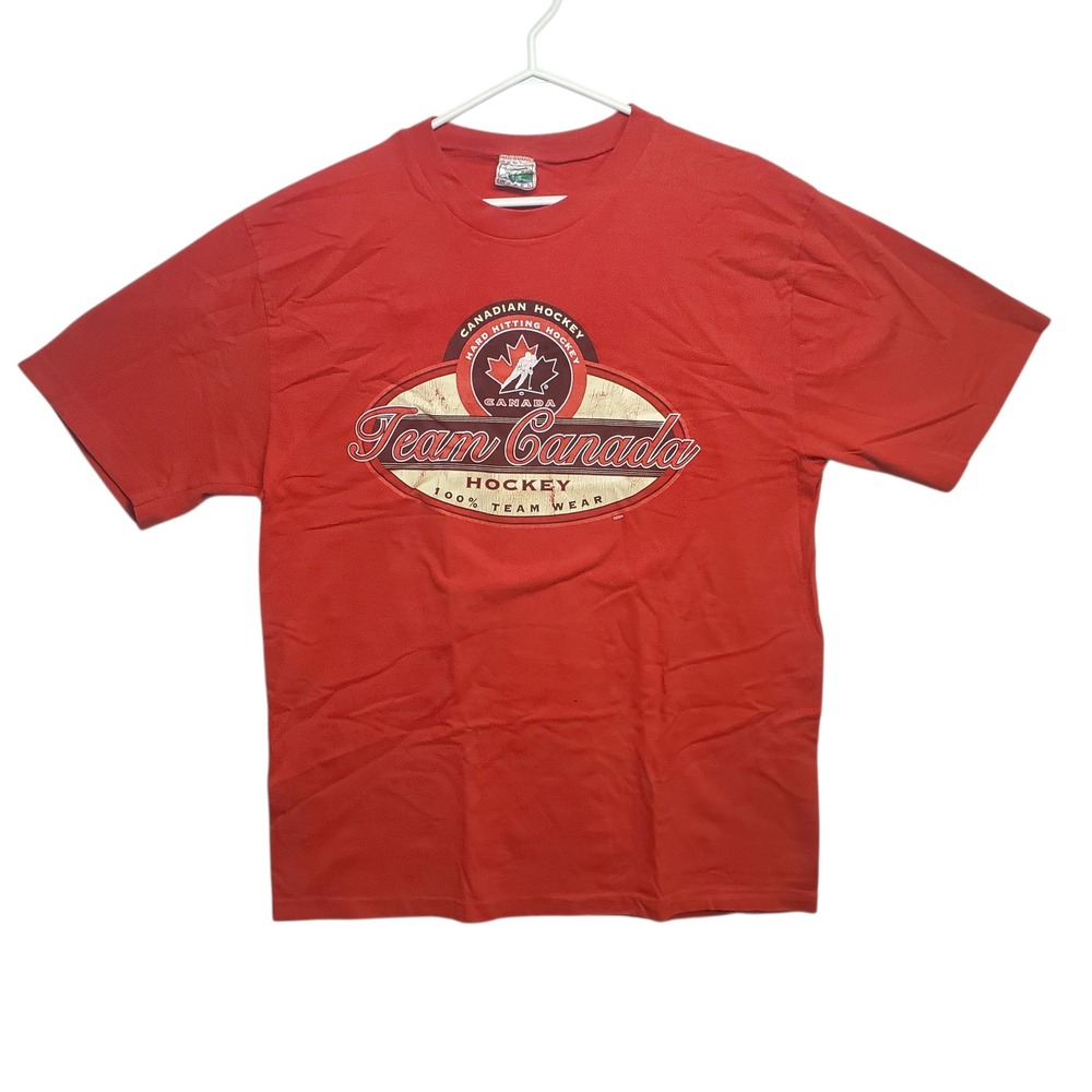 Team Canada Hockey T Shirt Red Size Large Hard Hitting Mens Cotton Team Wear